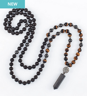 mala beads, mala necklace, agarwood, tiger eye, silver